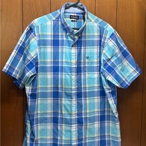 Chaps Men's Aqua and Blue Plaid Shirt